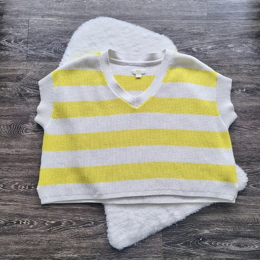 Anthropologie Maeve Oversized Striped V-Neck Sweater Vest in Chartreuse Size M - Picture 6 of 13
